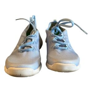 Oofos OOmg Low Women 9 Light Blue Recovery Walking Shoes Mesh Lace Up